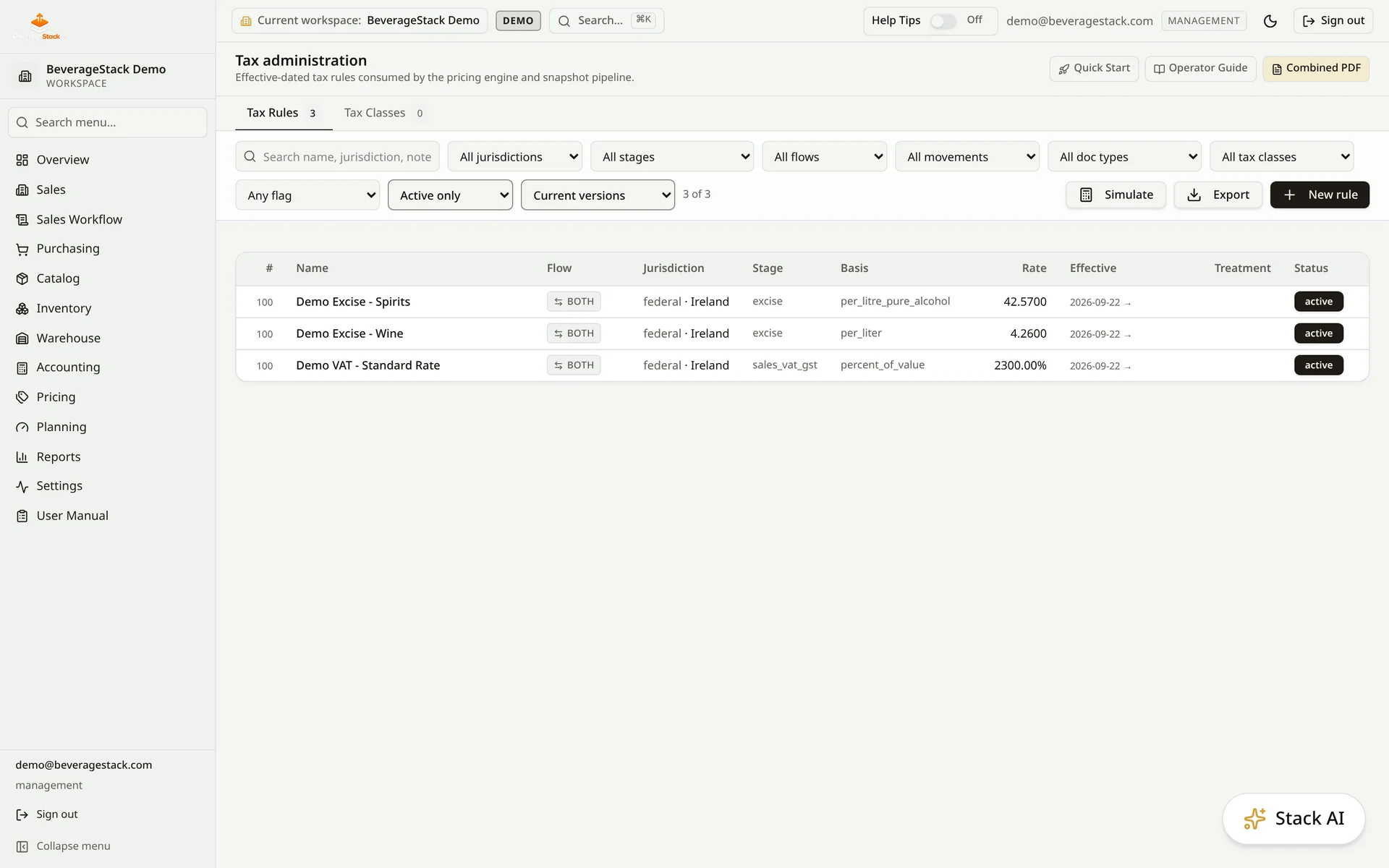 BeverageStack Tax & Duty view showing active Irish VAT, wine excise and spirits excise rules with their calculation bases