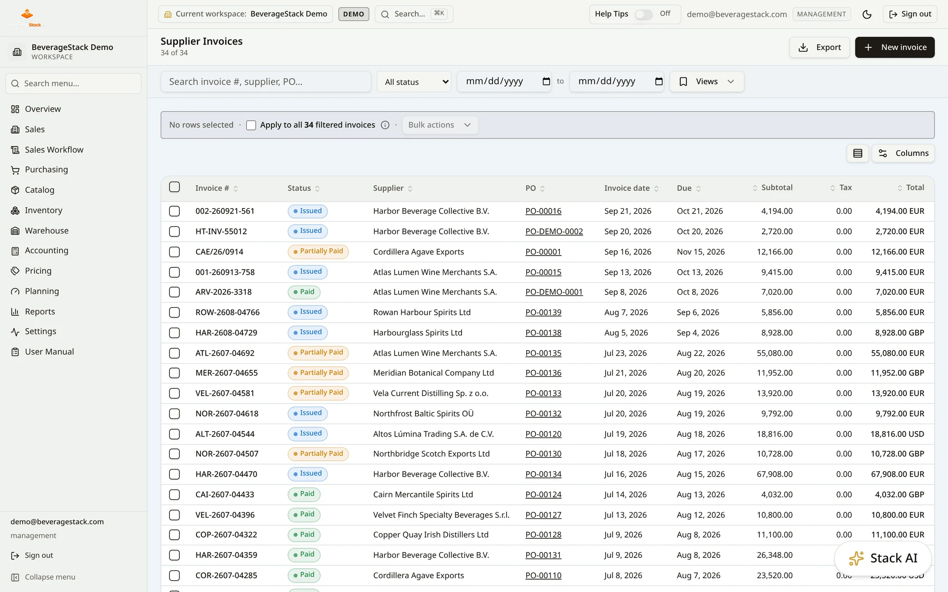 BeverageStack supplier invoice register showing real Demo transactions in EUR, GBP and USD with paid, partially paid and issued statuses