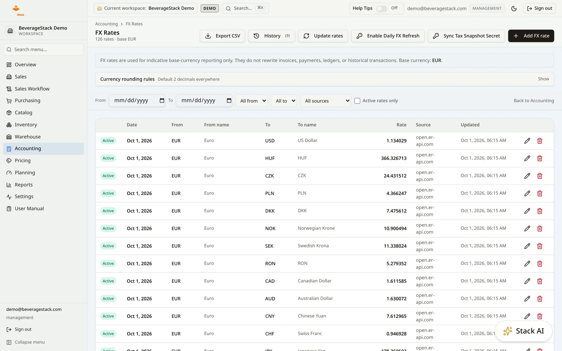 BeverageStack exchange rates view showing daily ingested rates used for multi-currency transactions