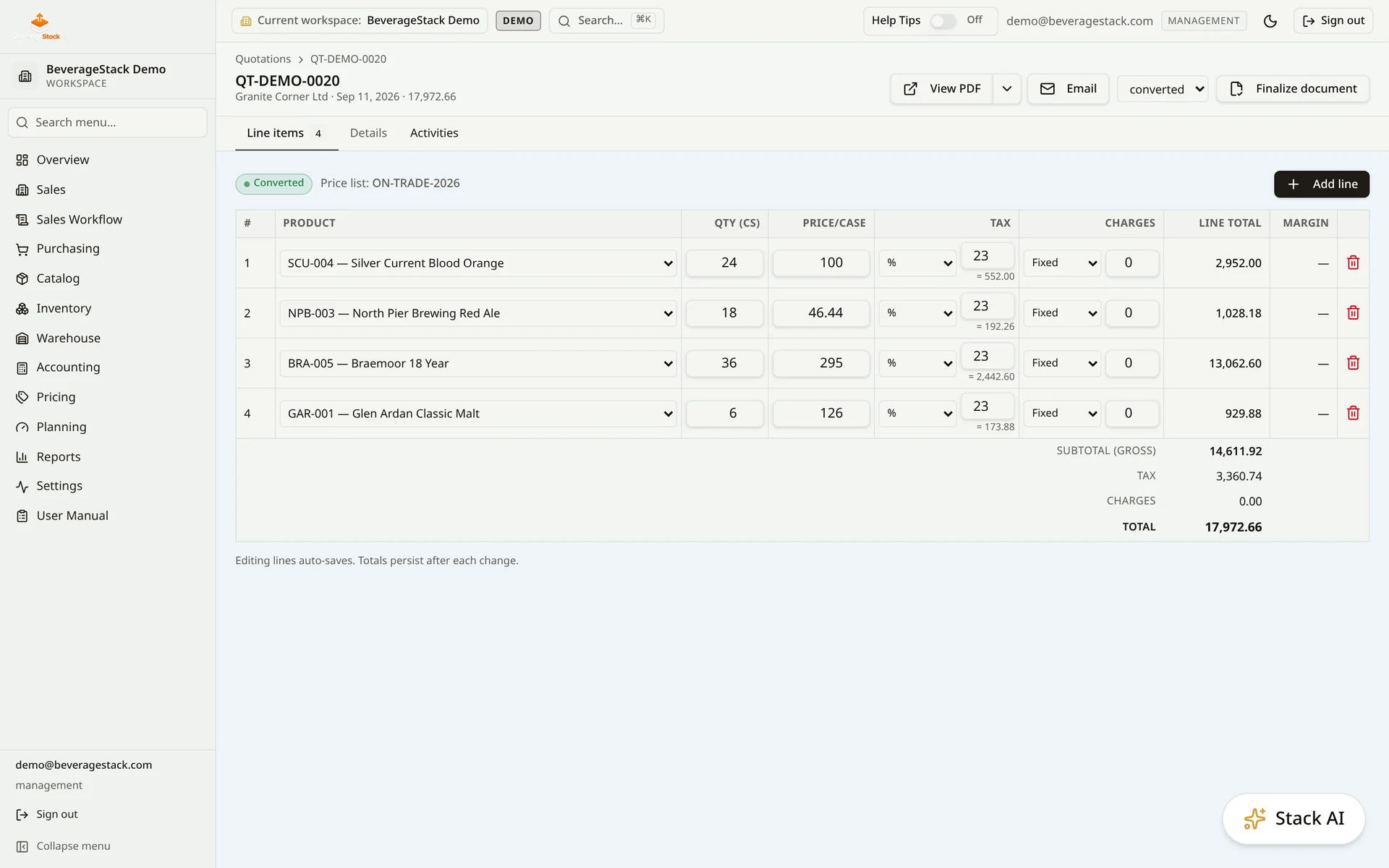 BeverageStack quotation detail showing line items, charges and commercial terms for a Demo customer quotation