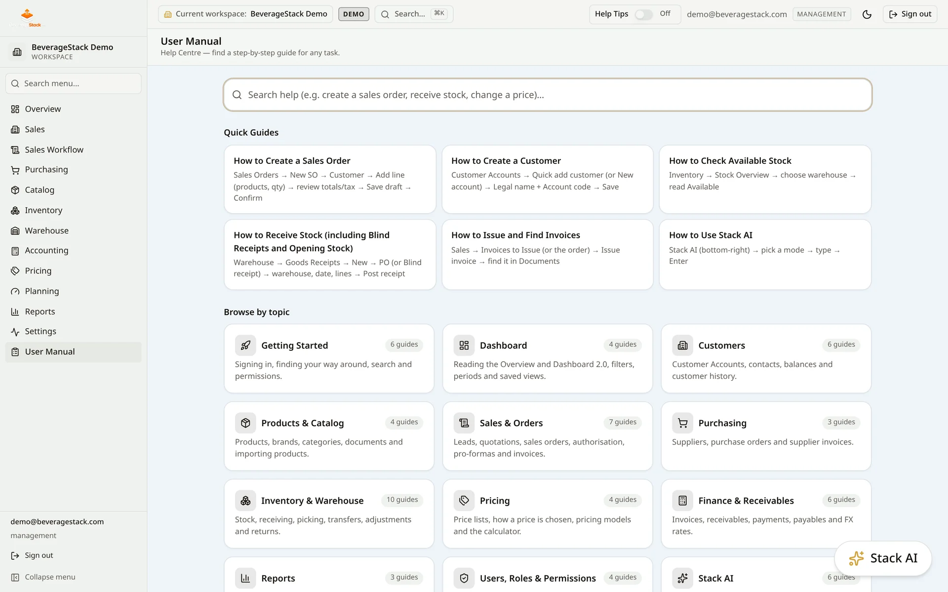 BeverageStack integrated Help Centre showing searchable documentation organised by role and topic
