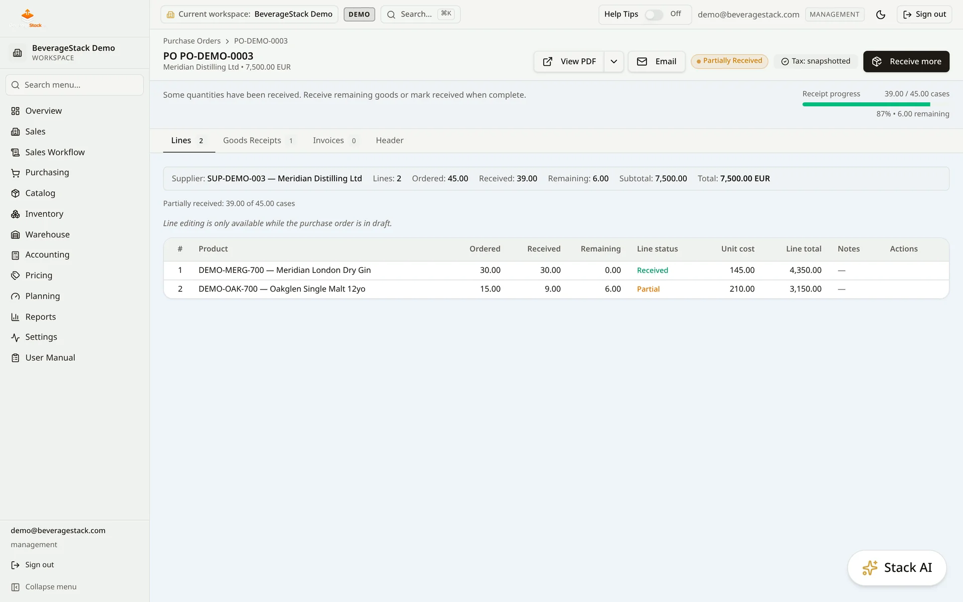BeverageStack purchase order showing a partly received supplier order with ordered and received case quantities